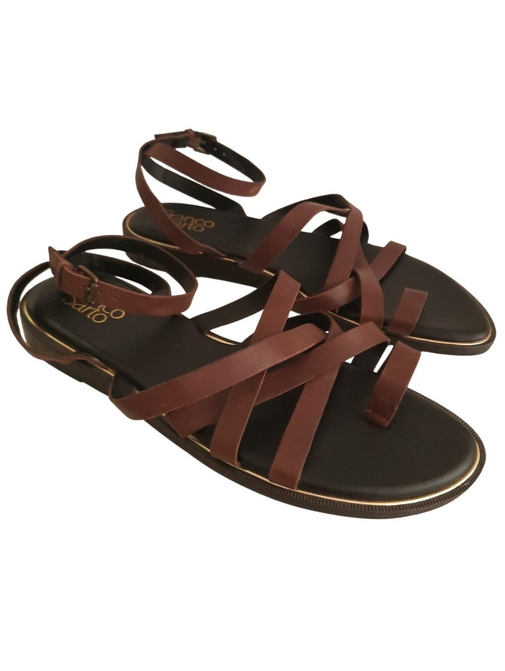 Franco Sarto Georgie Strappy Leather Flat Sandals Toe Loop Brown Womens Size 9